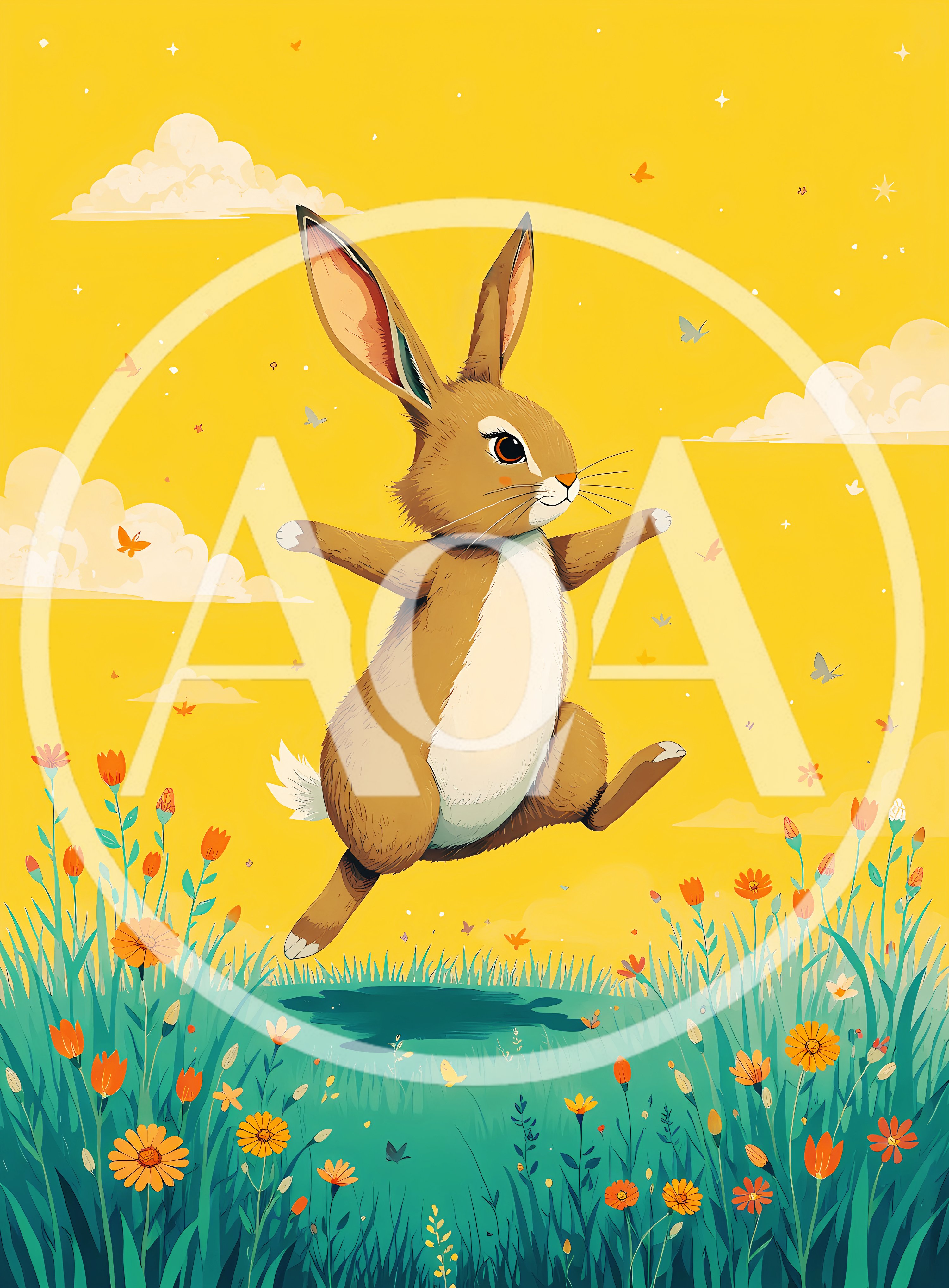 Cute Brown Rabbit Jumping In A Sunny Flower Meadow