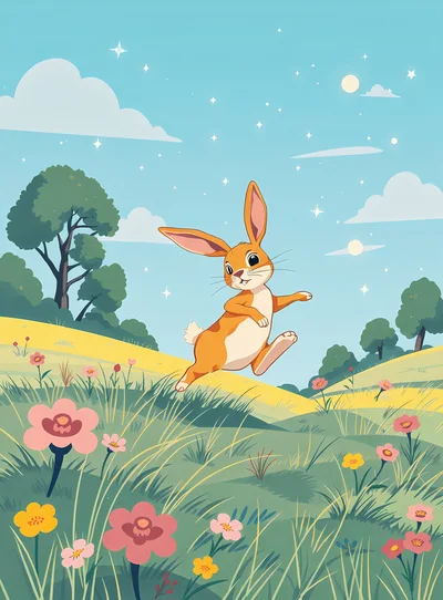 Cute Cartoon Rabbit Jumping Through A Sunny Meadow