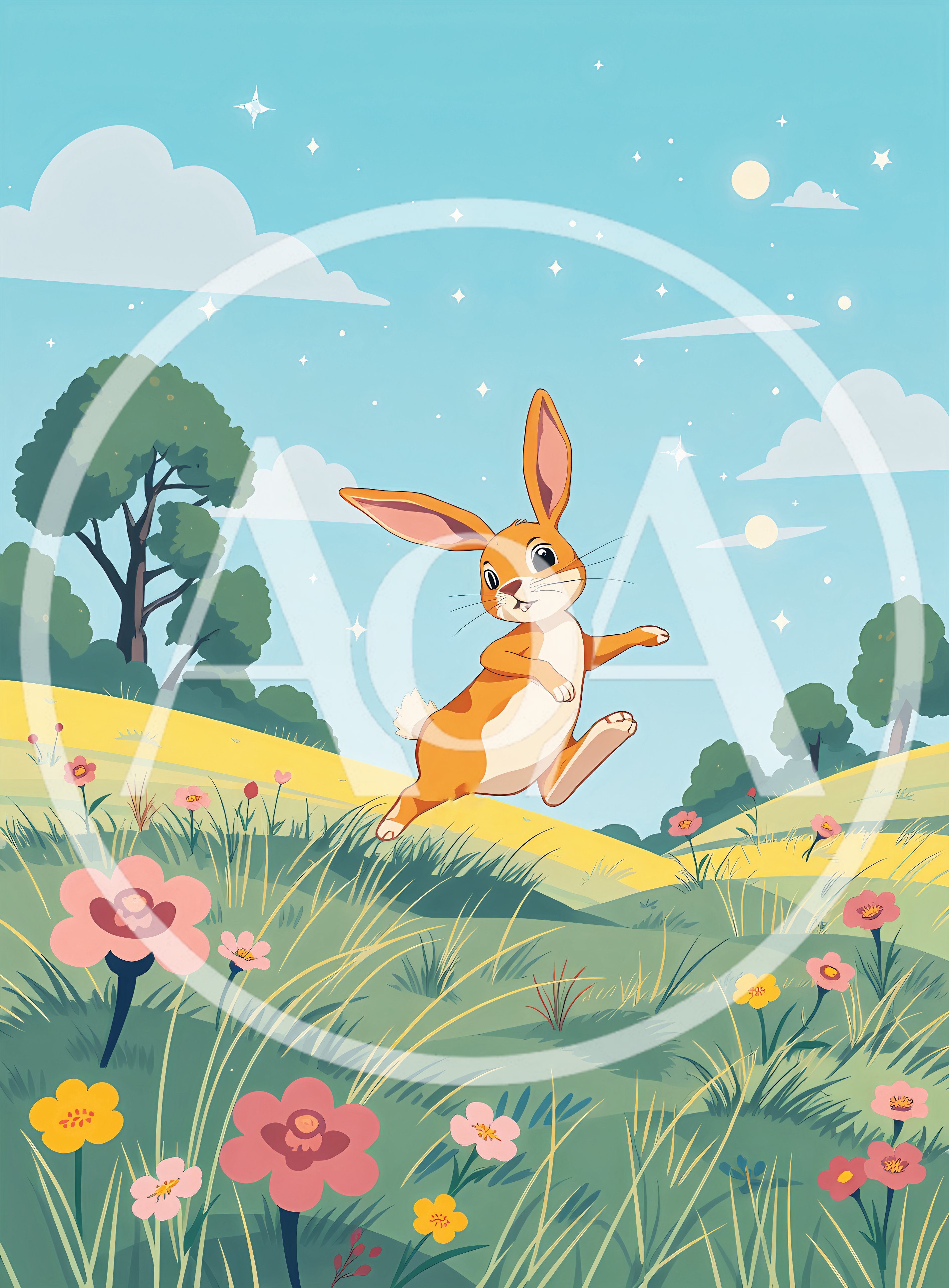 Cute Cartoon Rabbit Jumping Through A Sunny Meadow