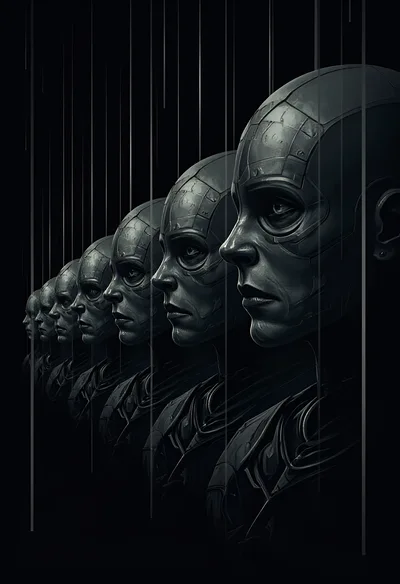 Row Of Identical Futuristic Cyborg Android Heads