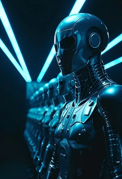 Futuristic Android Army Standing In Dark Neon Corridor