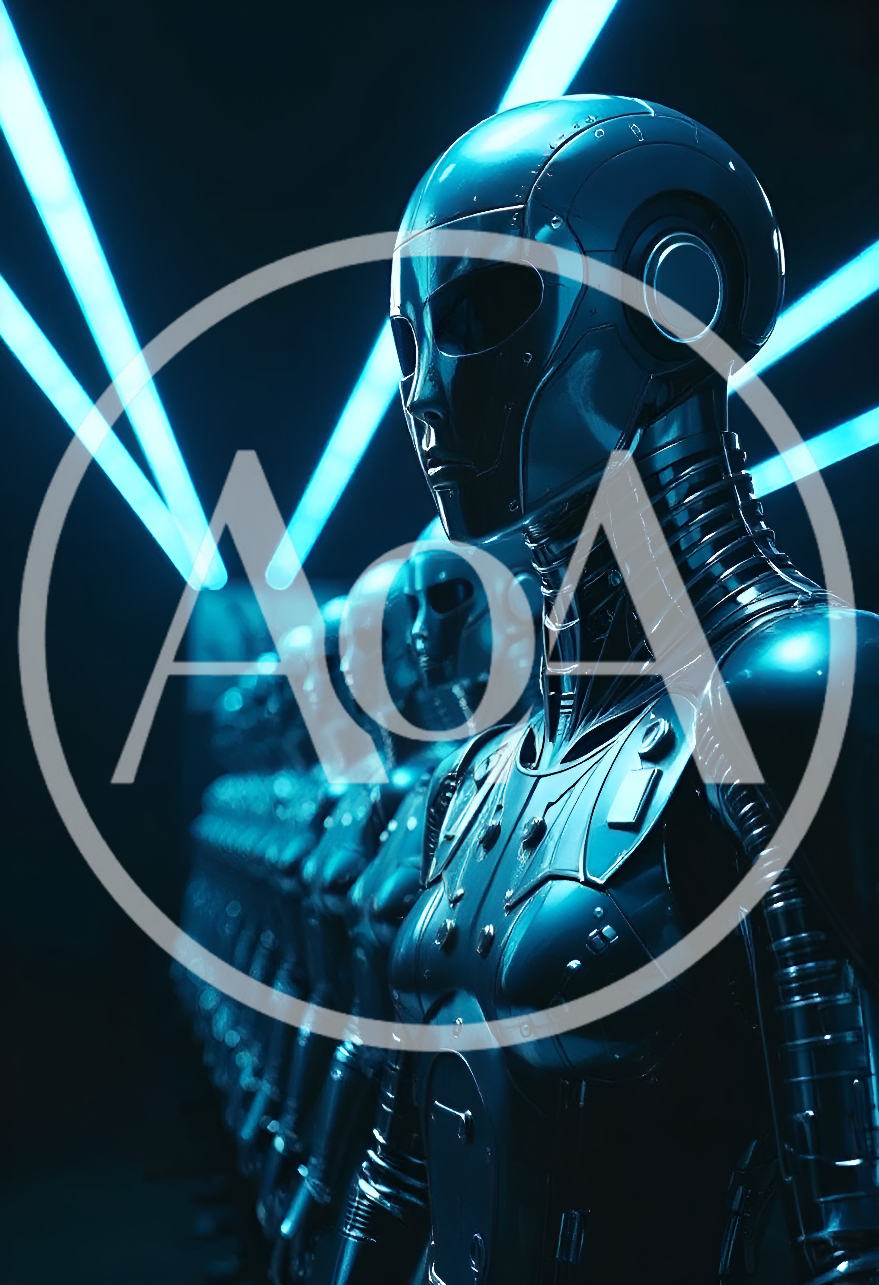 Futuristic Android Army Standing In Dark Neon Corridor