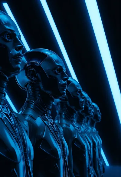 Row Of Futuristic Androids In Dark Neon Setting