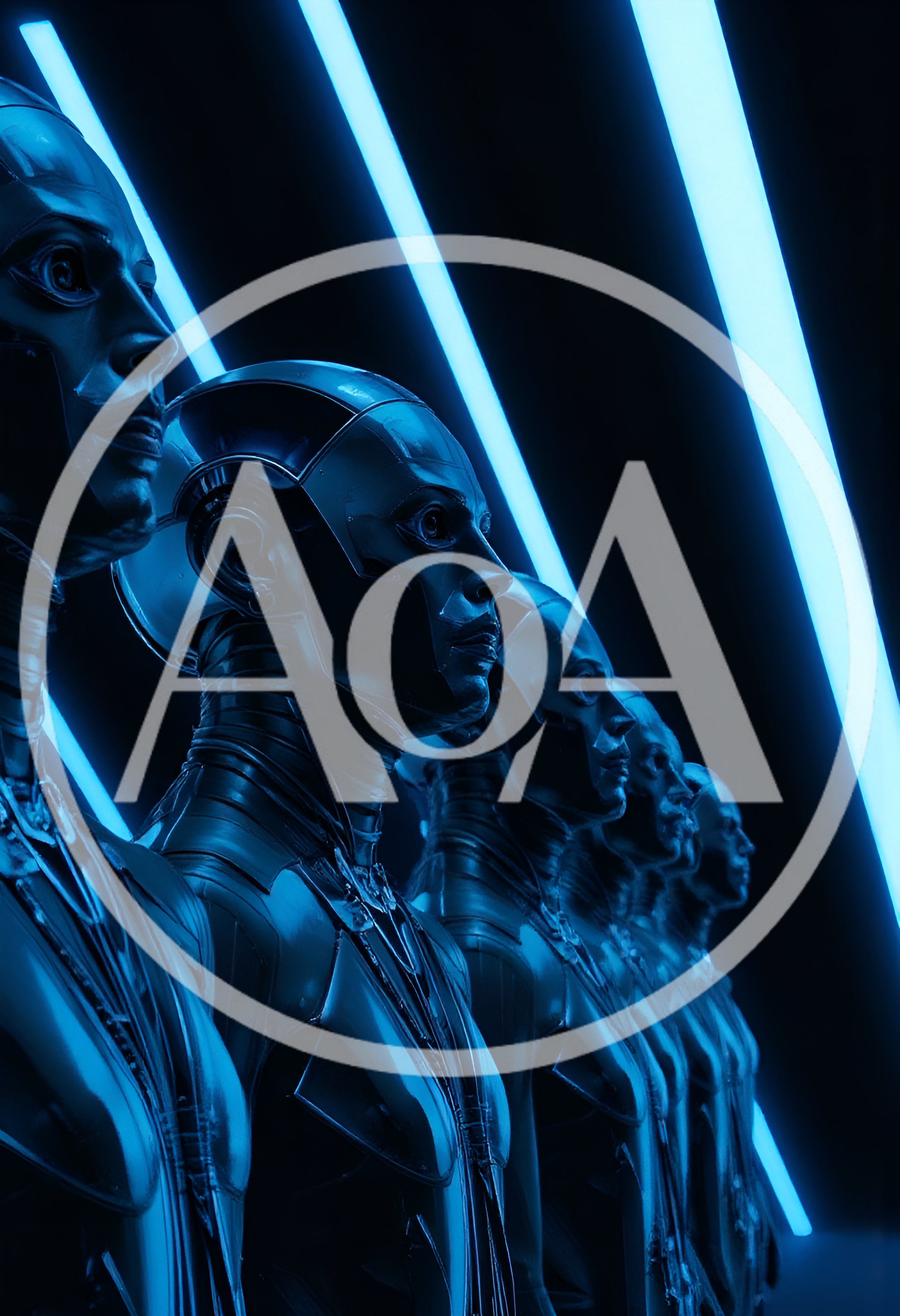 Row Of Futuristic Androids In Dark Neon Setting