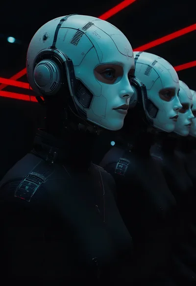Futuristic Androids Standing In A Dark Cyberpunk Setting
