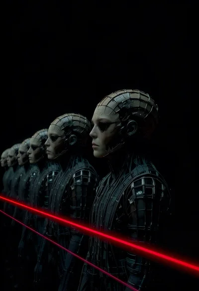 Cyborg Humanoids Standing In A Dark Futuristic Line