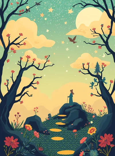 Whimsical Illustration Of A Woman Standing On A Hill