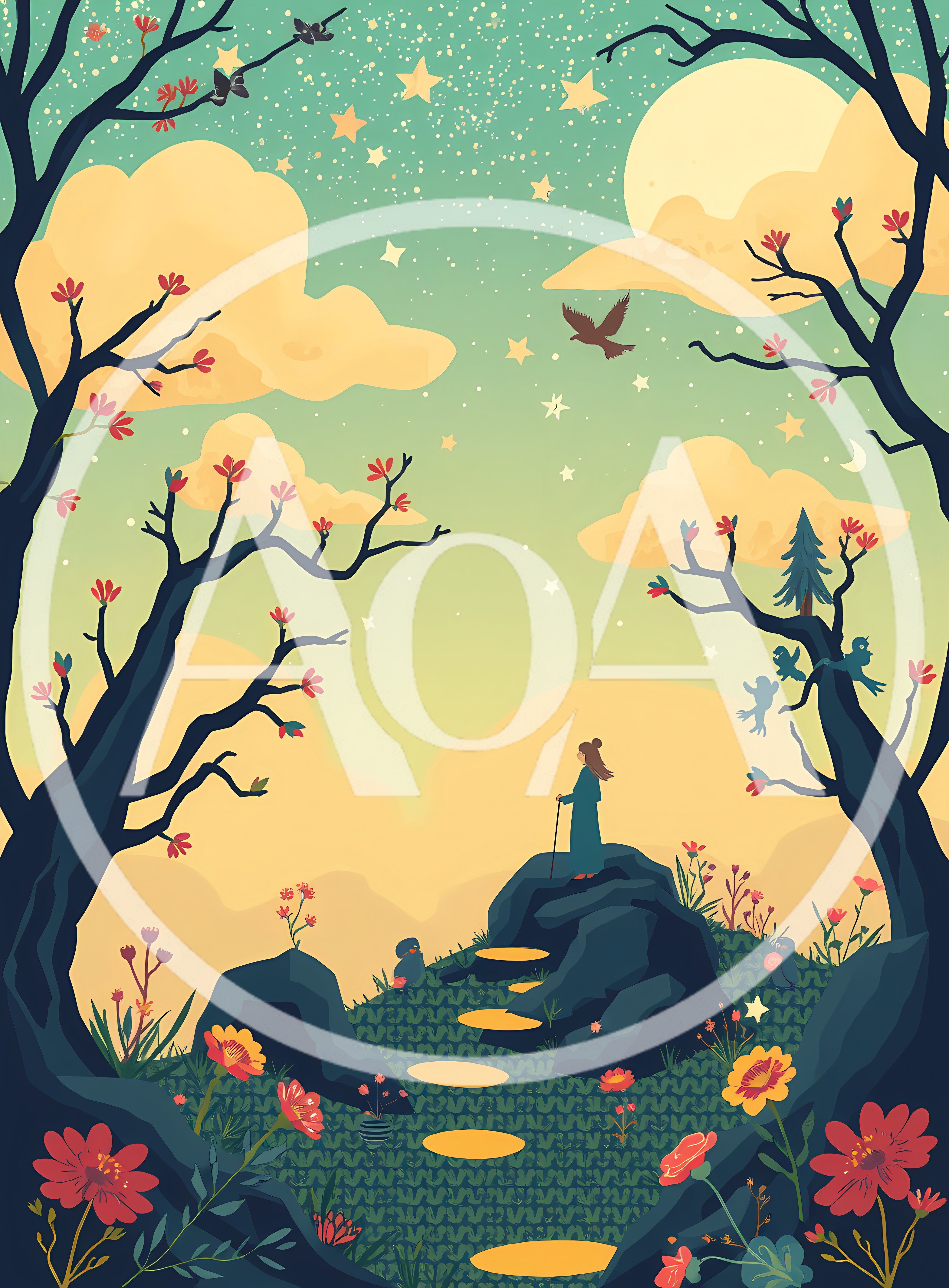 Whimsical Illustration Of A Woman Standing On A Hill