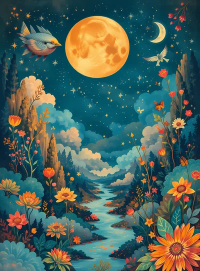 Whimsical Night Landscape With Moon And Flowers