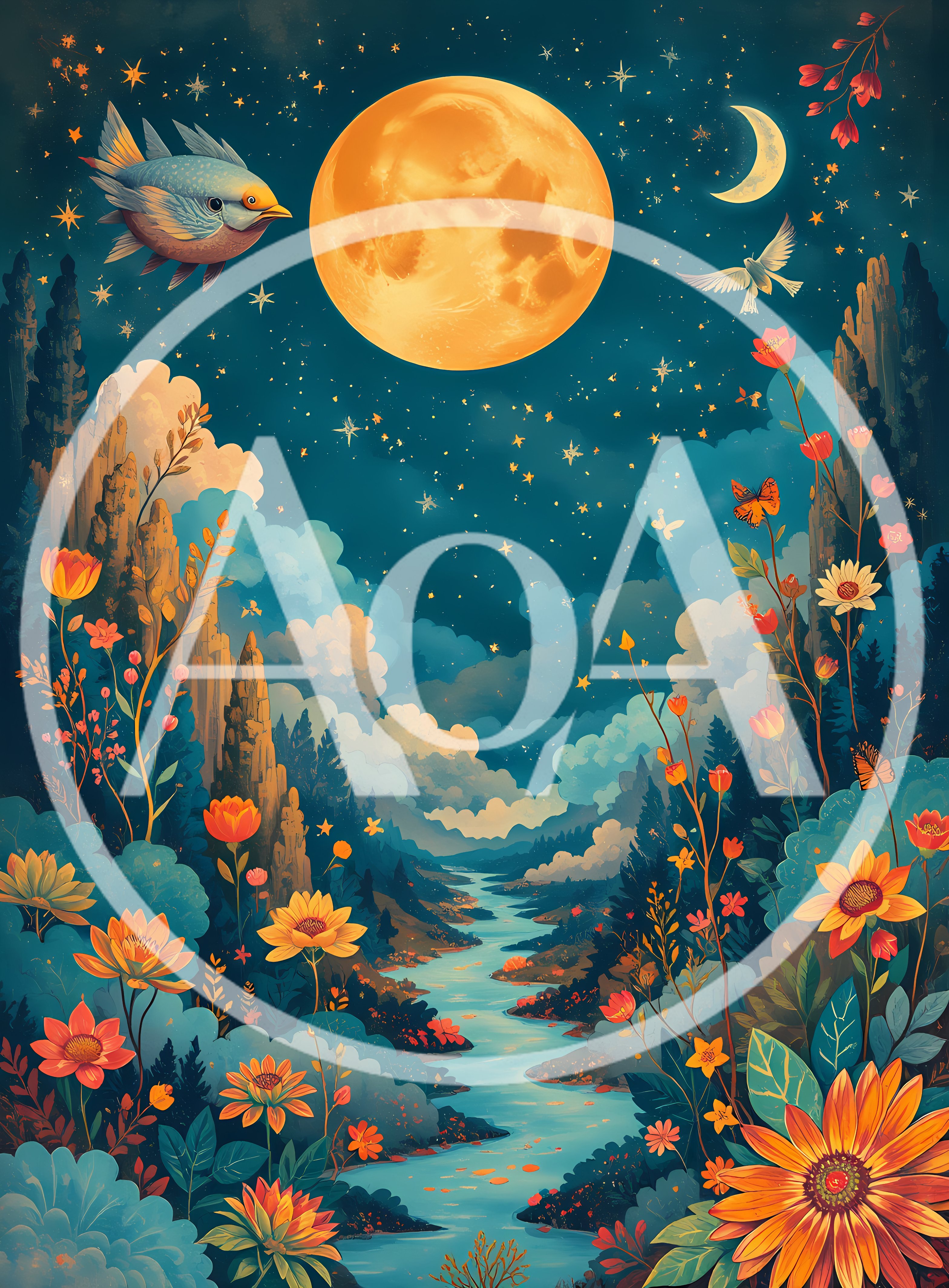 Whimsical Night Landscape With Moon And Flowers