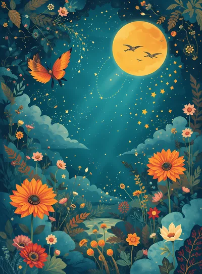 Whimsical Night Garden With Glowing Moon And Butterfly