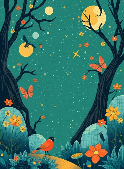 Whimsical Forest Scene With Birds And Butterflies