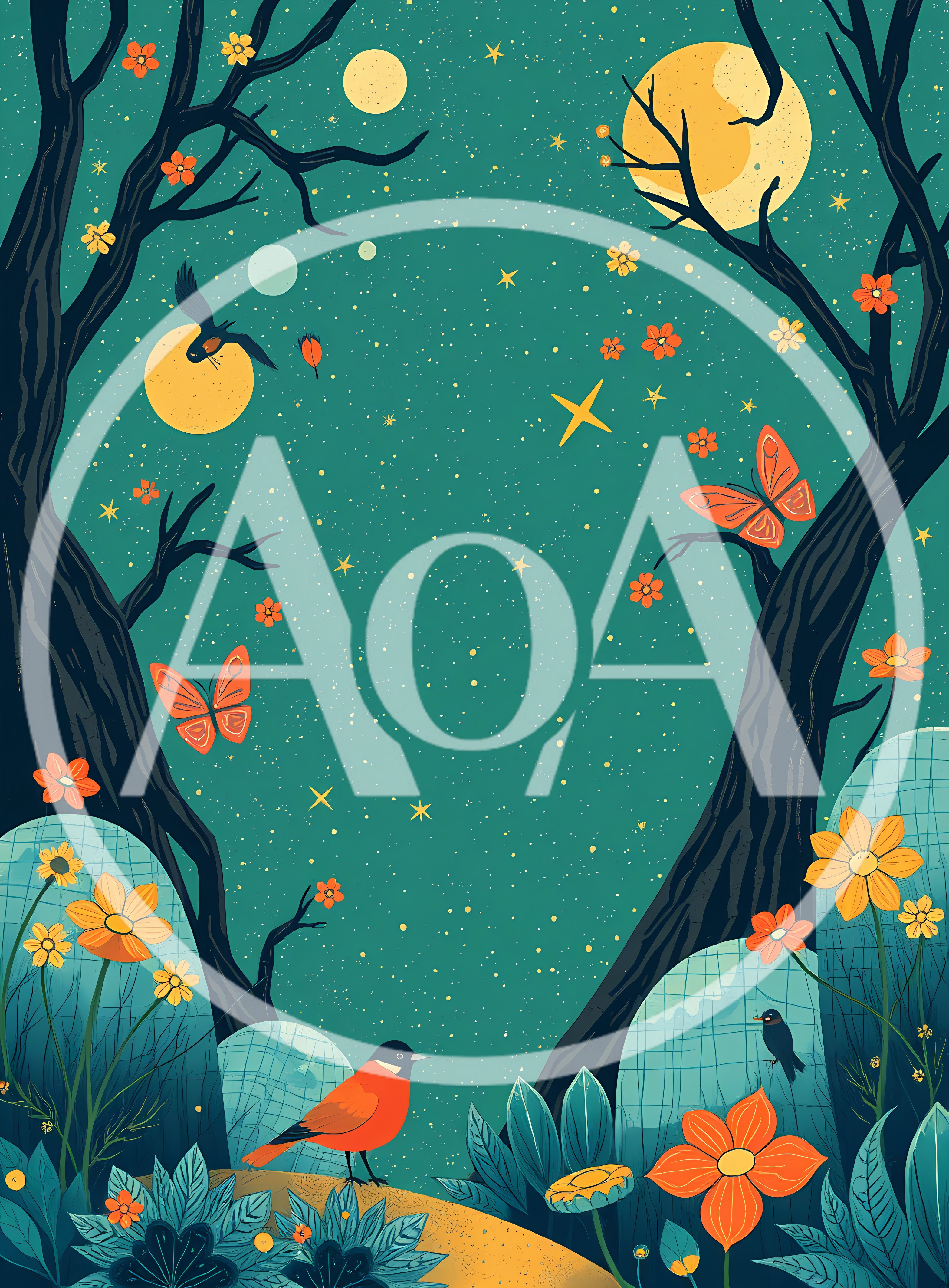 Whimsical Forest Scene With Birds And Butterflies