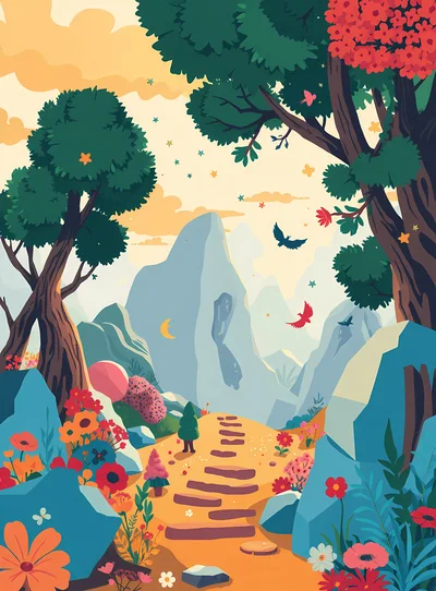 Whimsical Mountain Landscape With Flowers And Stone Path
