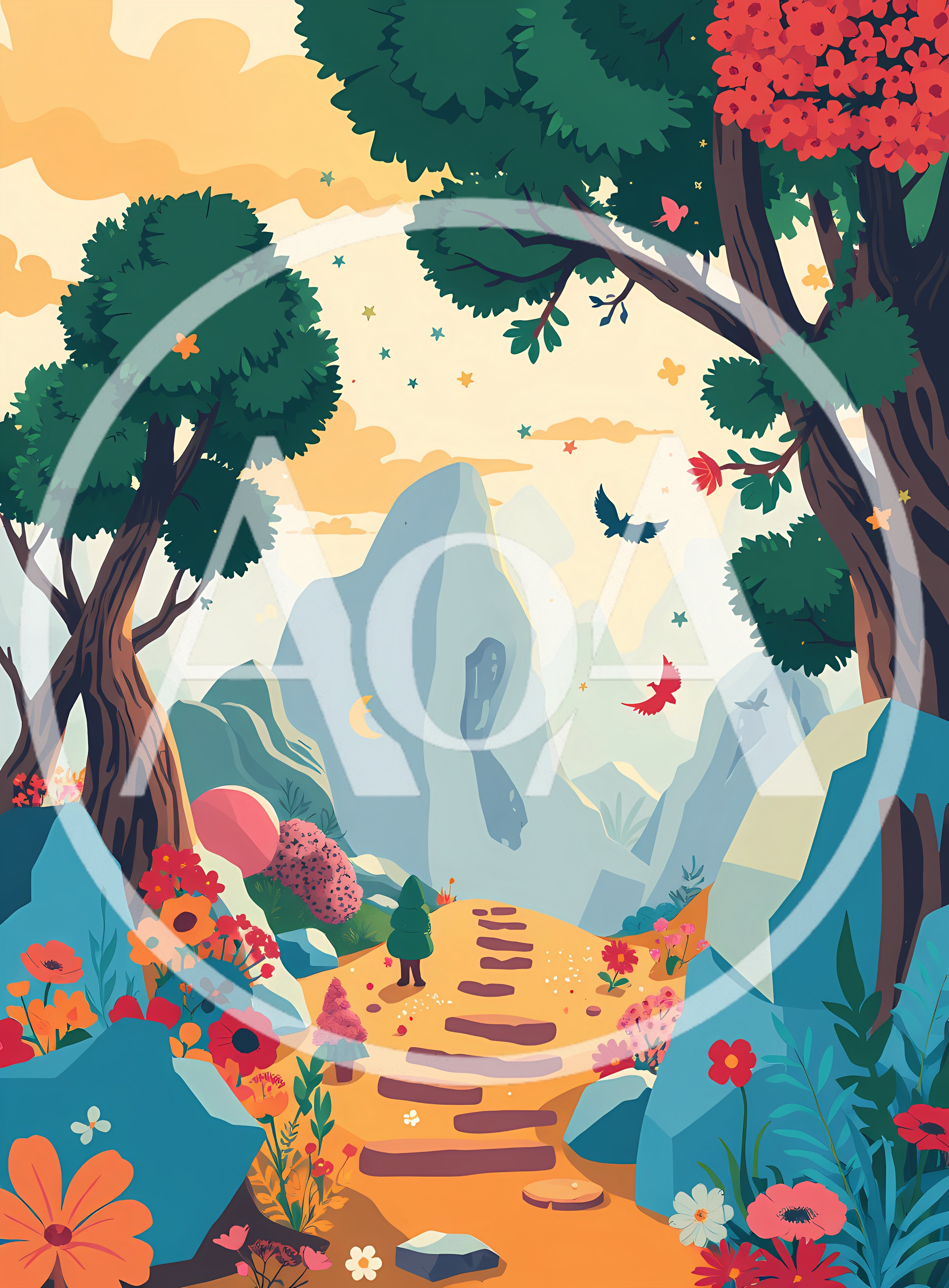 Whimsical Mountain Landscape With Flowers And Stone Path