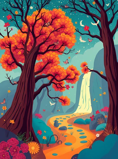 Whimsical Forest Landscape With Waterfall And Stepping Stones