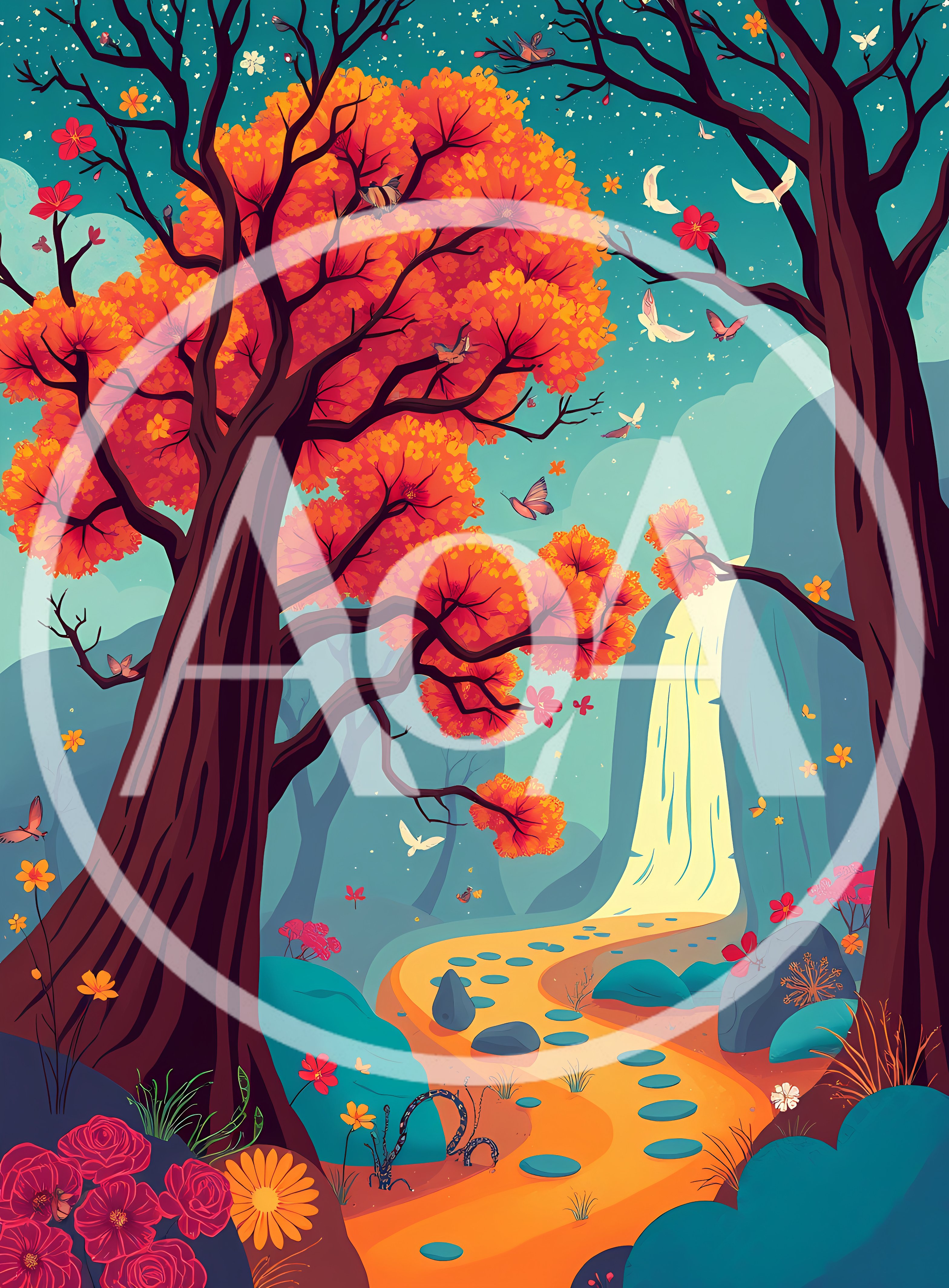 Whimsical Forest Landscape With Waterfall And Stepping Stones