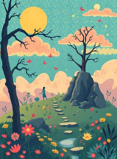 Surreal Landscape Illustration With A Lone Traveler