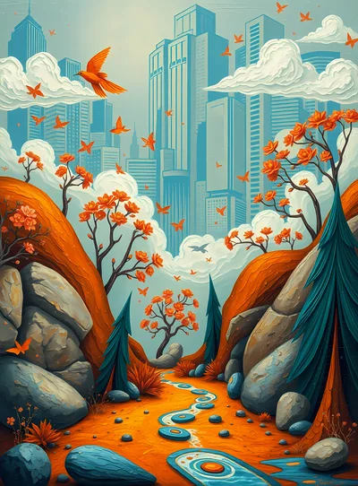 Surreal Landscape With Cityscape And Autumn Foliage