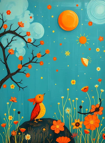 Whimsical Bird Standing on Rock in Floral Meadow