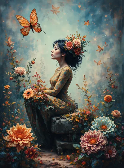 Woman Sitting Among Flowers With Butterflies