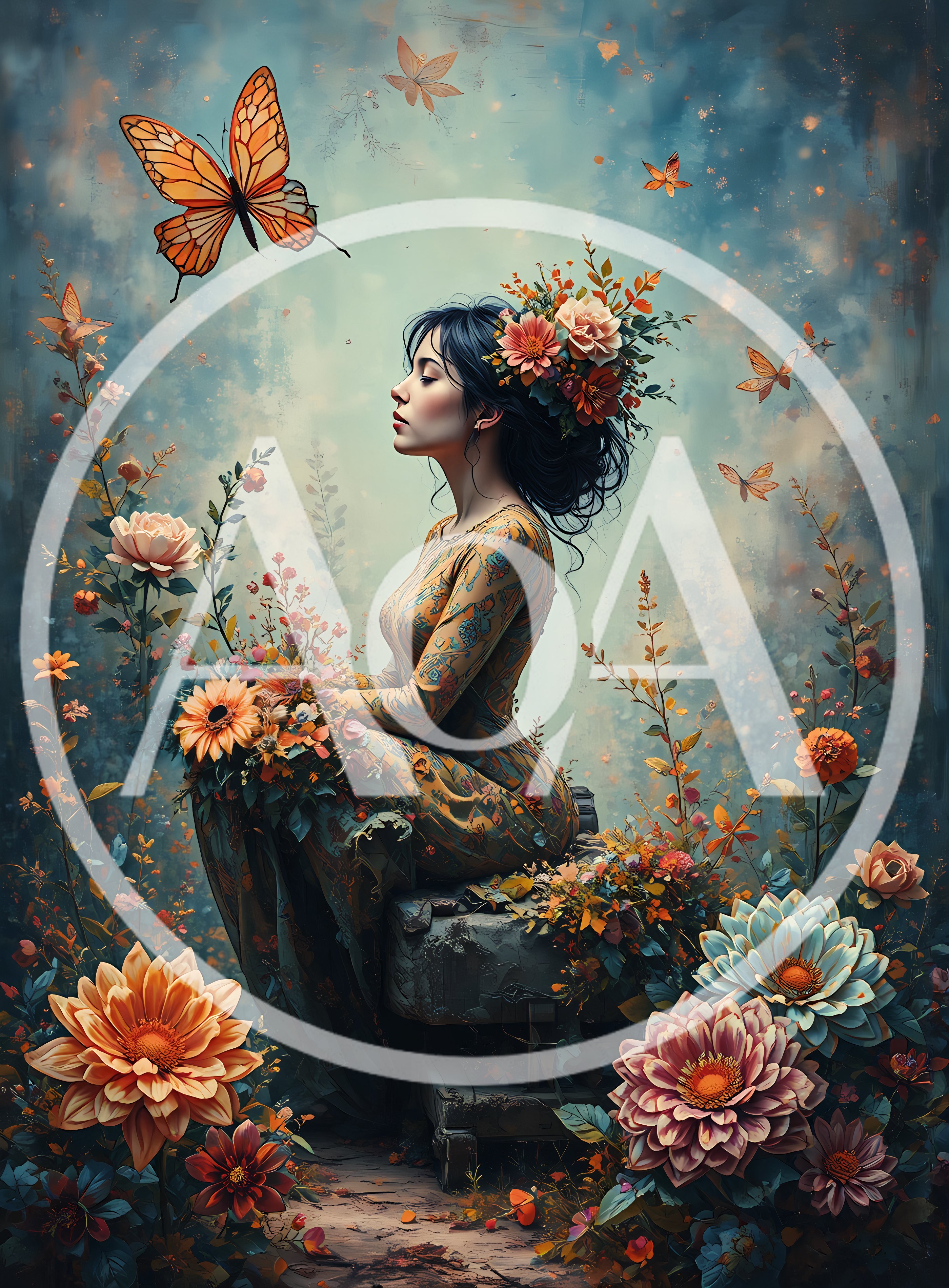 Woman Sitting Among Flowers With Butterflies