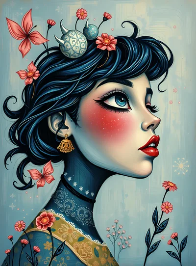 Stylized Digital Illustration Of A Whimsical Woman With Flowers