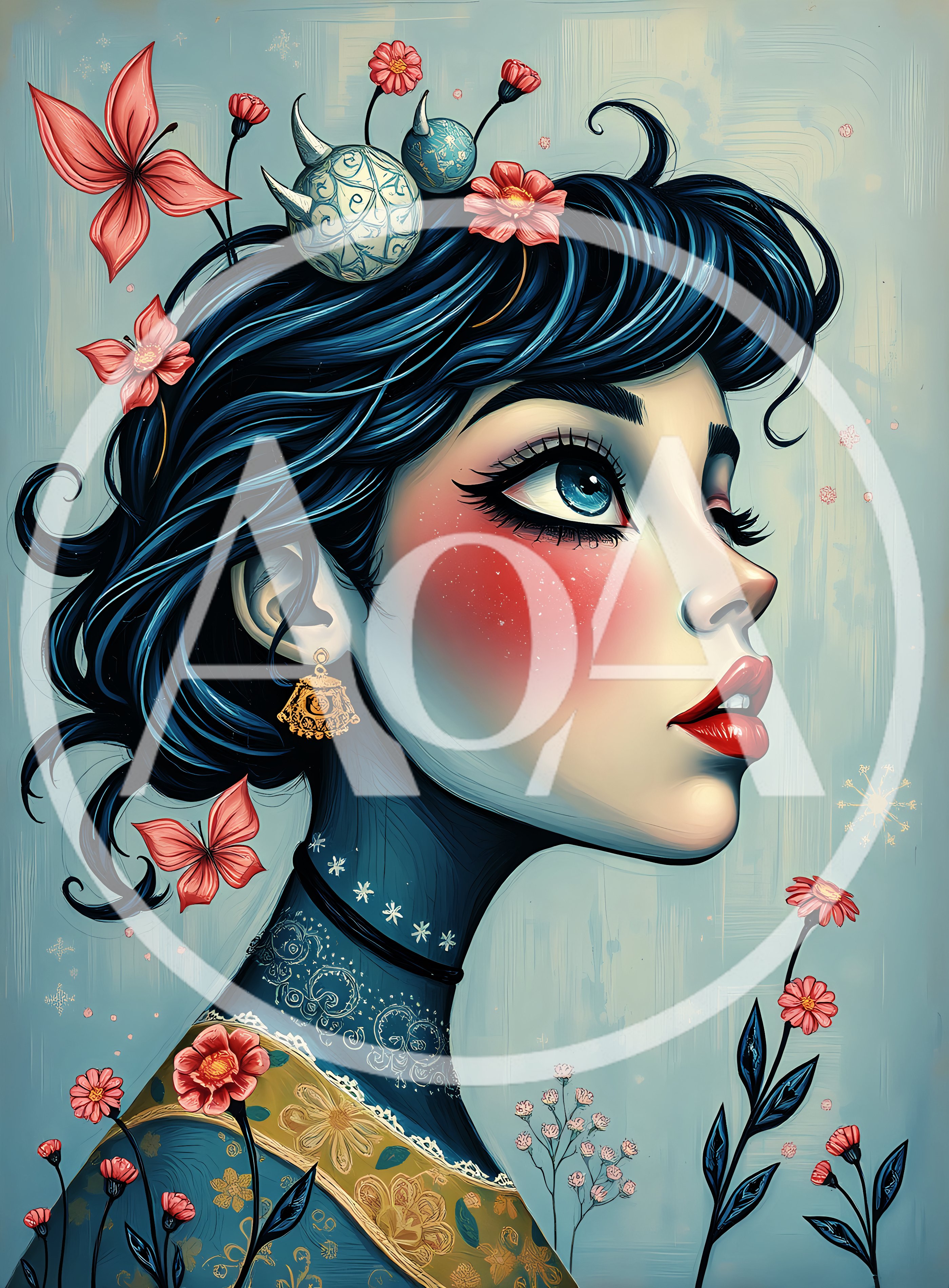 Stylized Digital Illustration Of A Whimsical Woman With Flowers