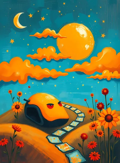Surreal Illustration Of A Robotic Creature In A Field