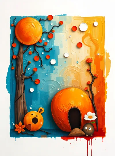 Whimsical Abstract Illustration Of A Surreal Orange Landscape