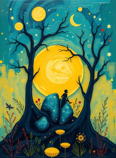 Whimsical Silhouette Illustration Of A Person Sitting On Rocks