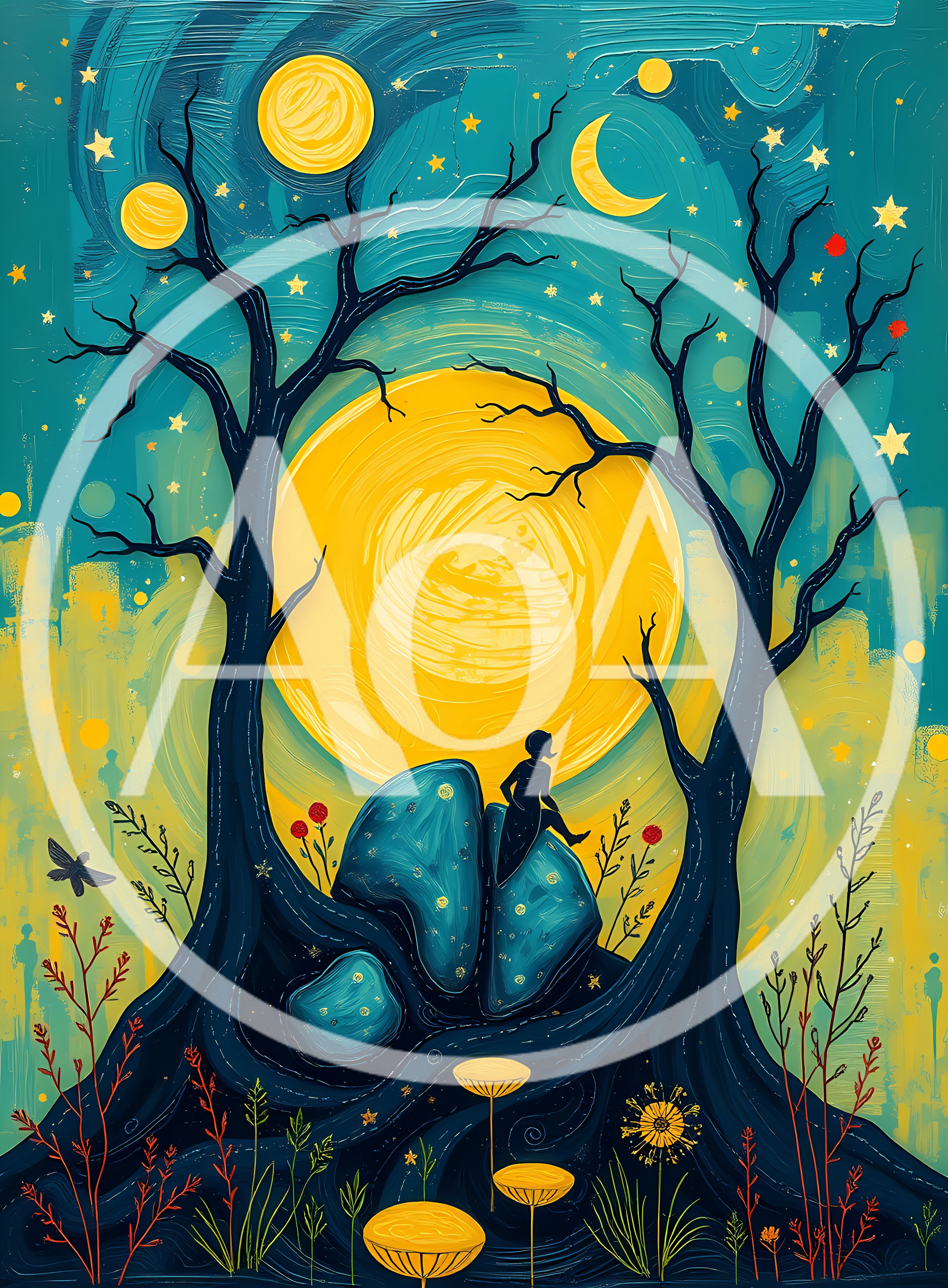 Whimsical Silhouette Illustration Of A Person Sitting On Rocks