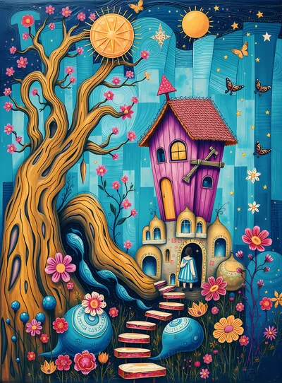 Whimsical Fantasy House With A Girl And Magical Tree