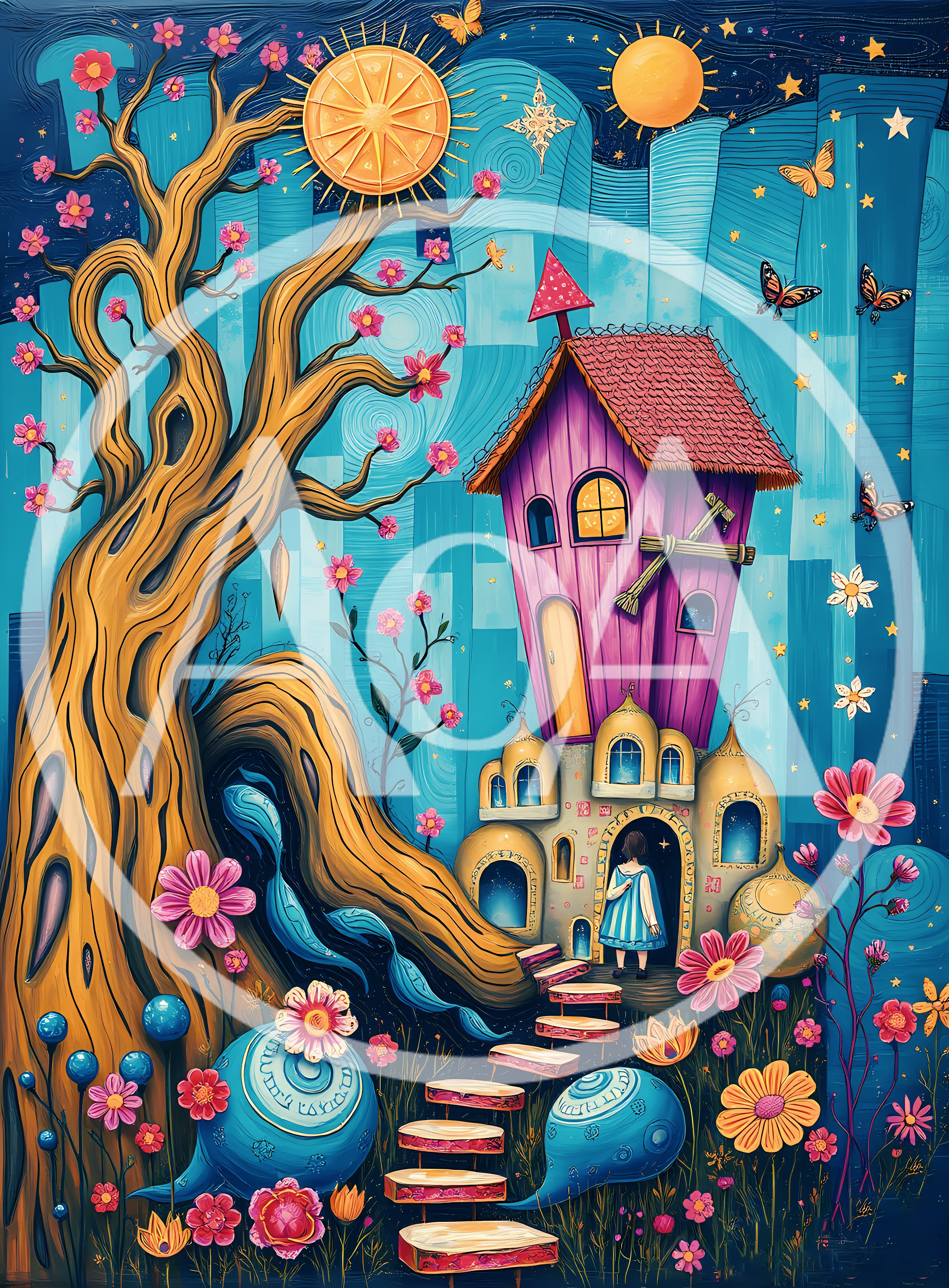 Whimsical Fantasy House With A Girl And Magical Tree