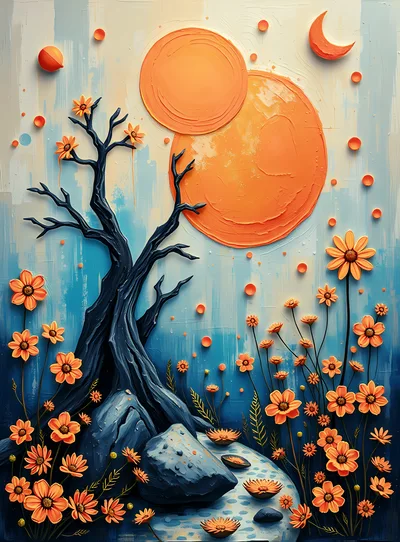 Abstract Textured Painting Of A Dark Tree And Flowers