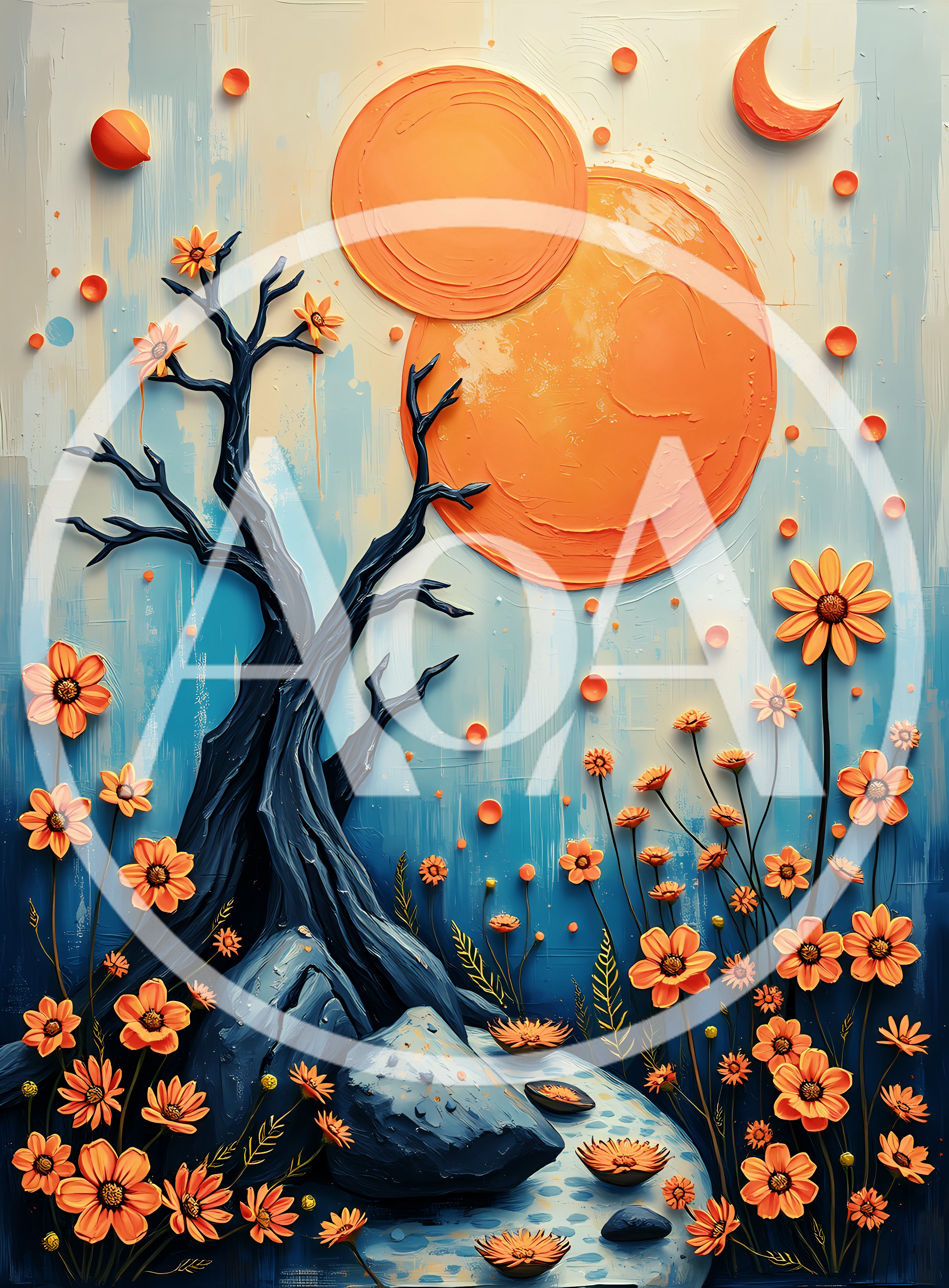 Abstract Textured Painting Of A Dark Tree And Flowers