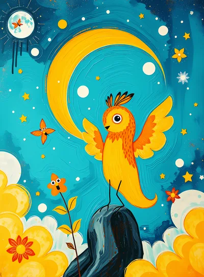 Whimsical Yellow Bird Perched Under A Crescent Moon