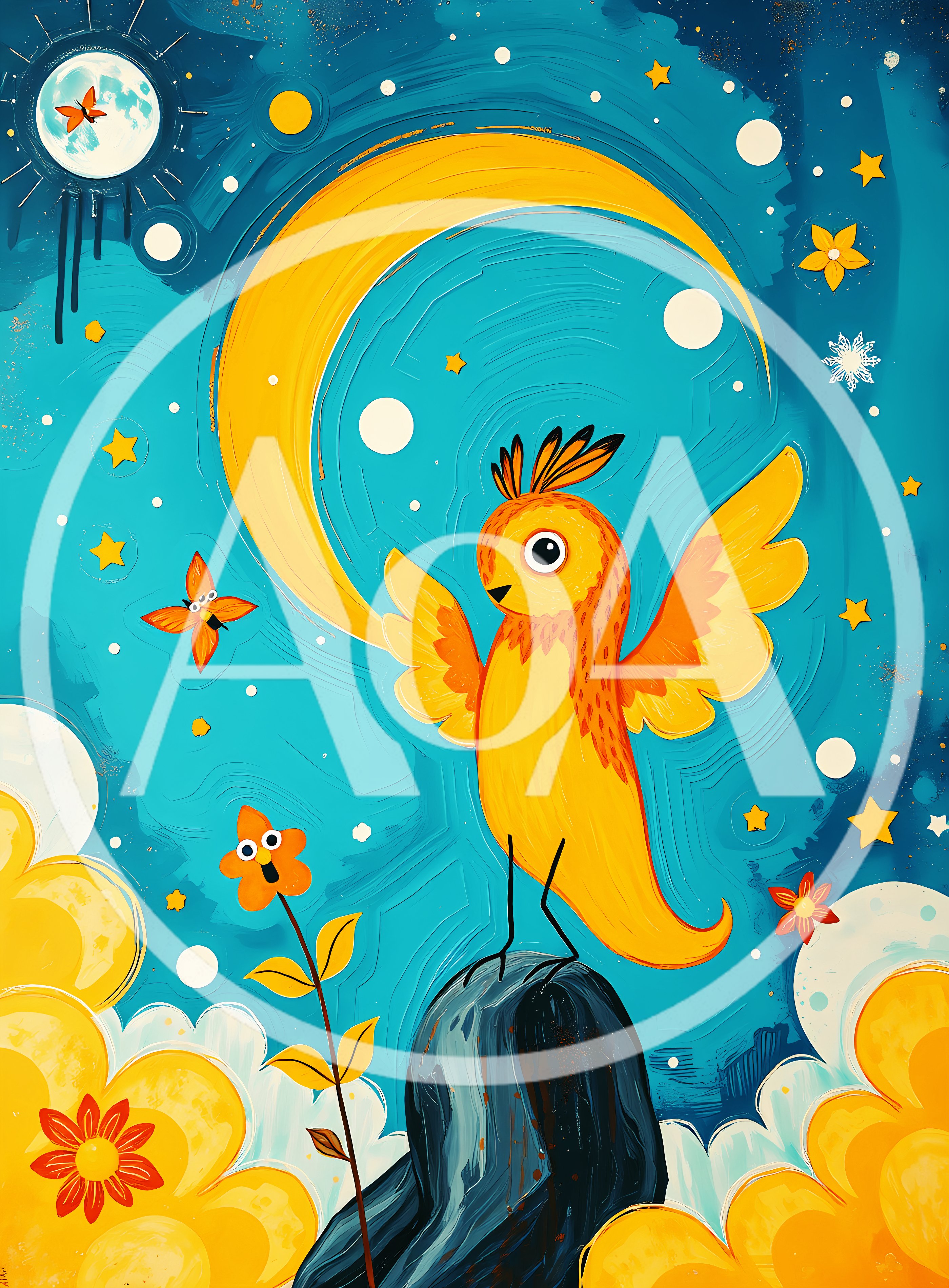 Whimsical Yellow Bird Perched Under A Crescent Moon