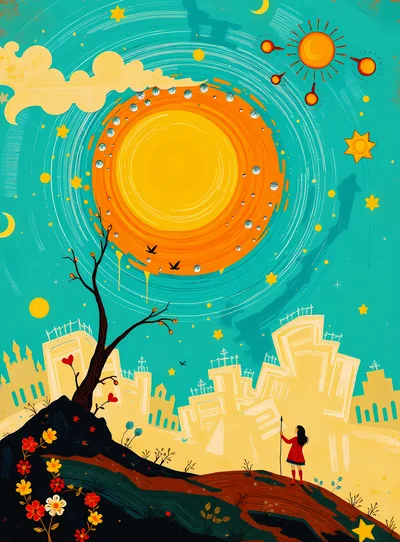 Surreal Illustration Of A Girl Watching A Glowing Sun