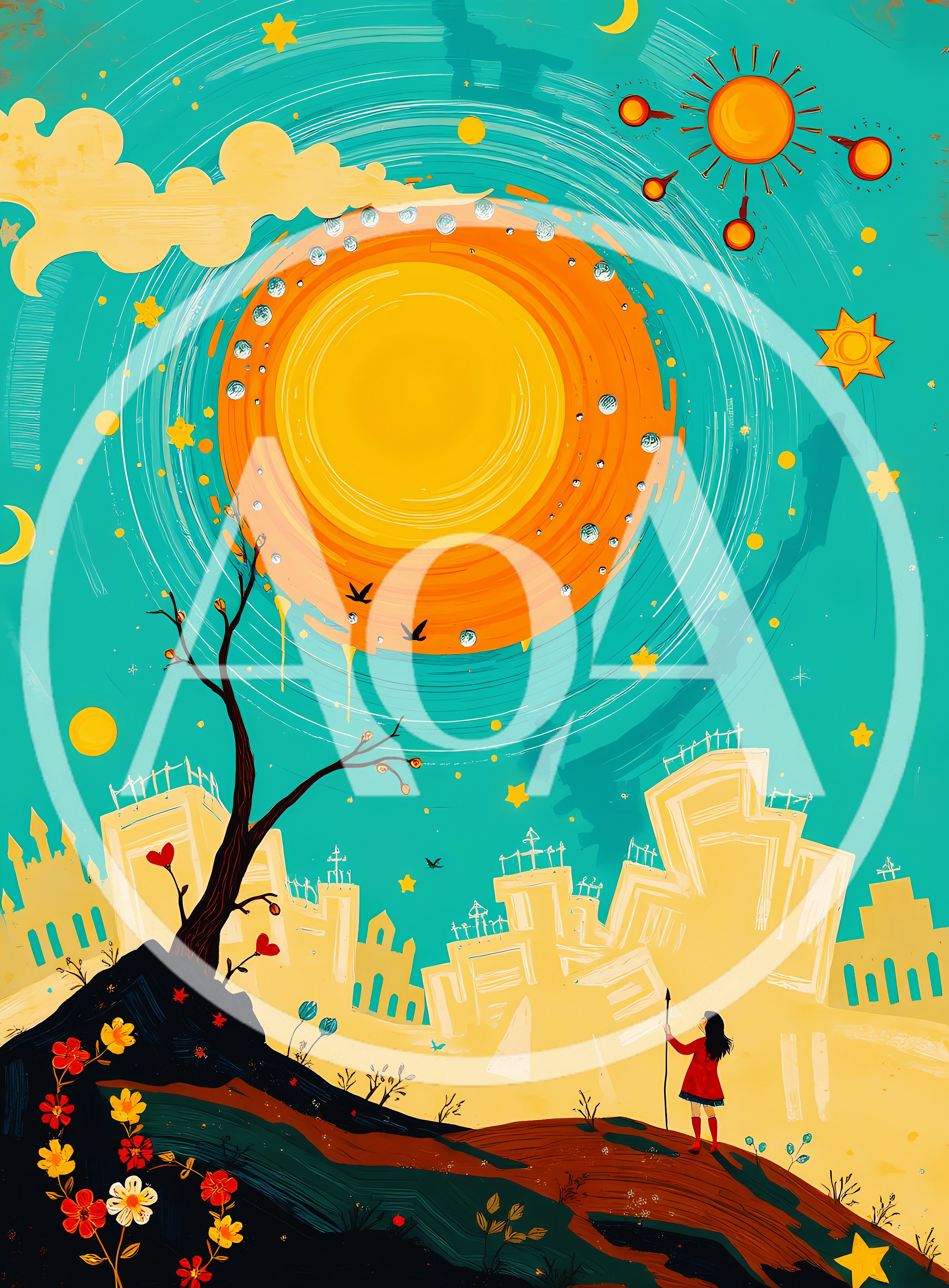 Surreal Illustration Of A Girl Watching A Glowing Sun