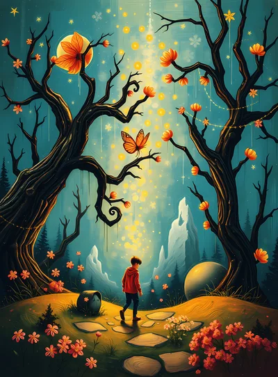 Boy Walking Through A Magical Enchanted Forest