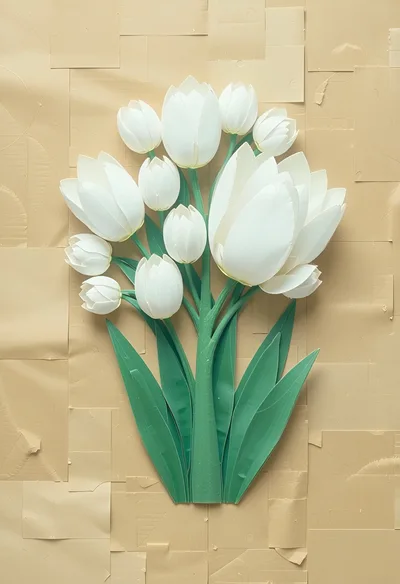 Paper Craft White Tulip Bouquet On Textured Background