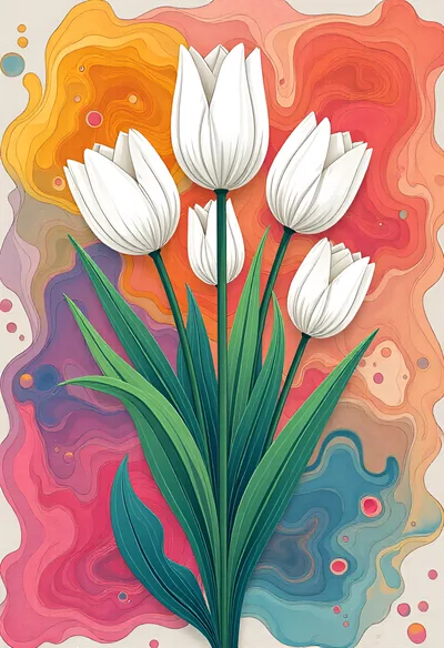 White Tulip Bouquet With Abstract Colorful Background