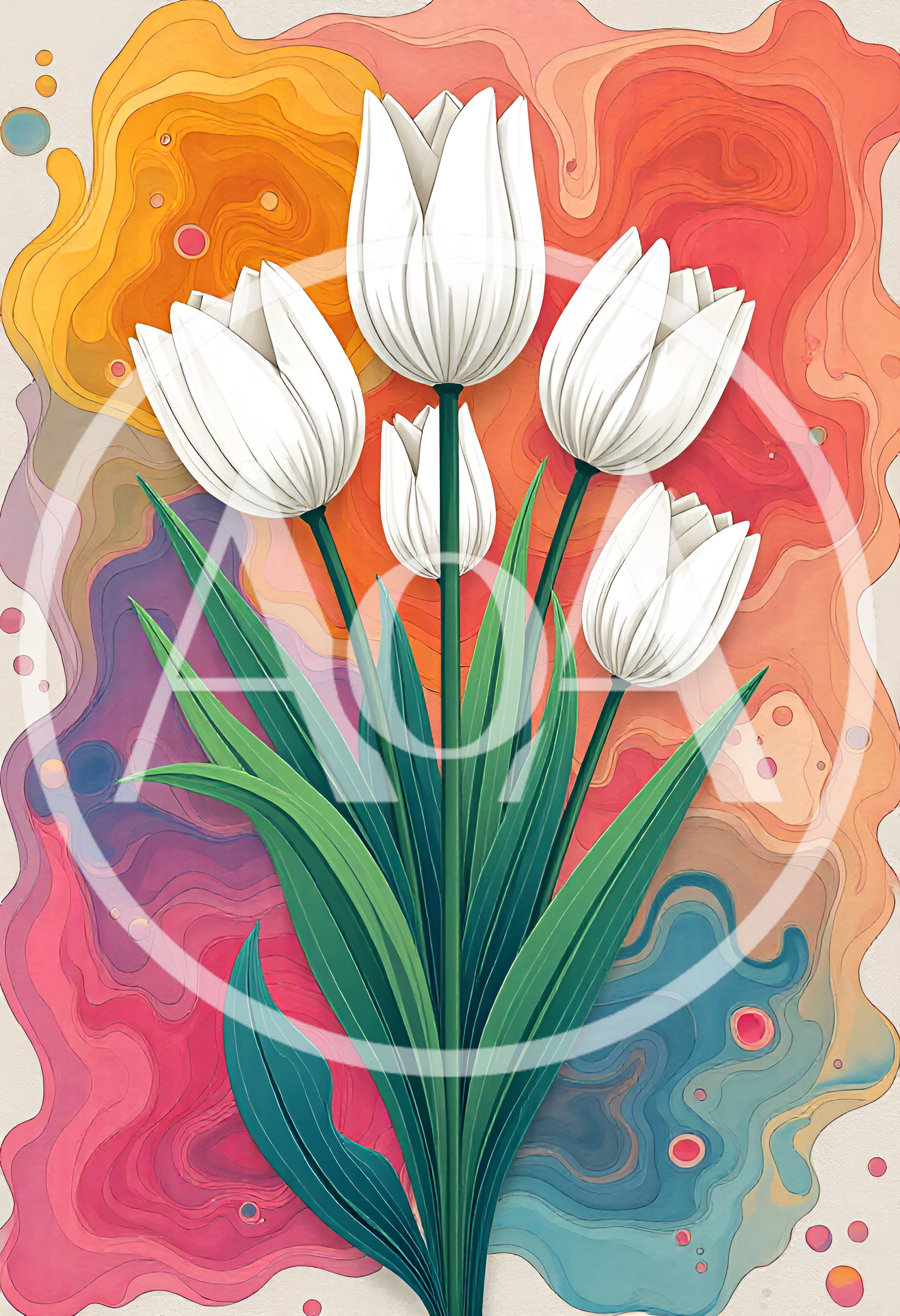 White Tulip Bouquet With Abstract Colorful Background