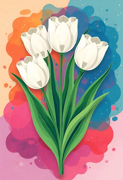 White Tulip Bouquet With Watercolor Background