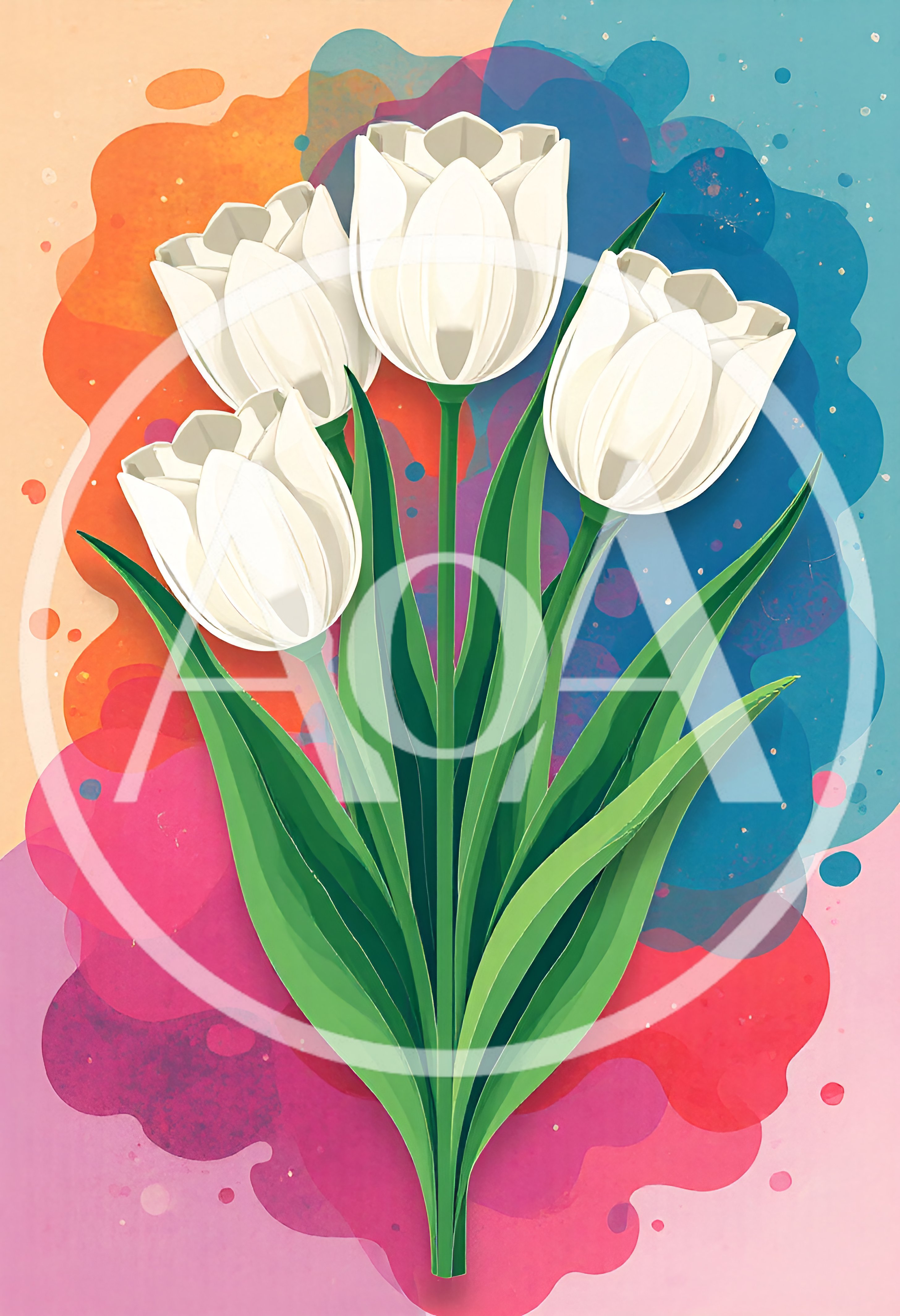 White Tulip Bouquet With Watercolor Background