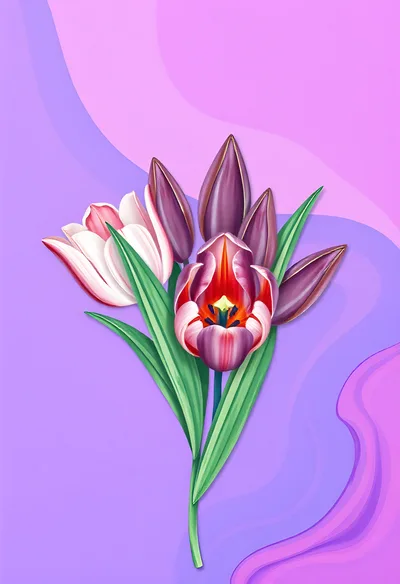 Digital Illustration Of A Bouquet Of Purple Tulips