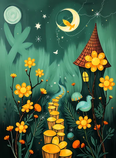 Whimsical Fantasy Forest Path With Flowers And Moon