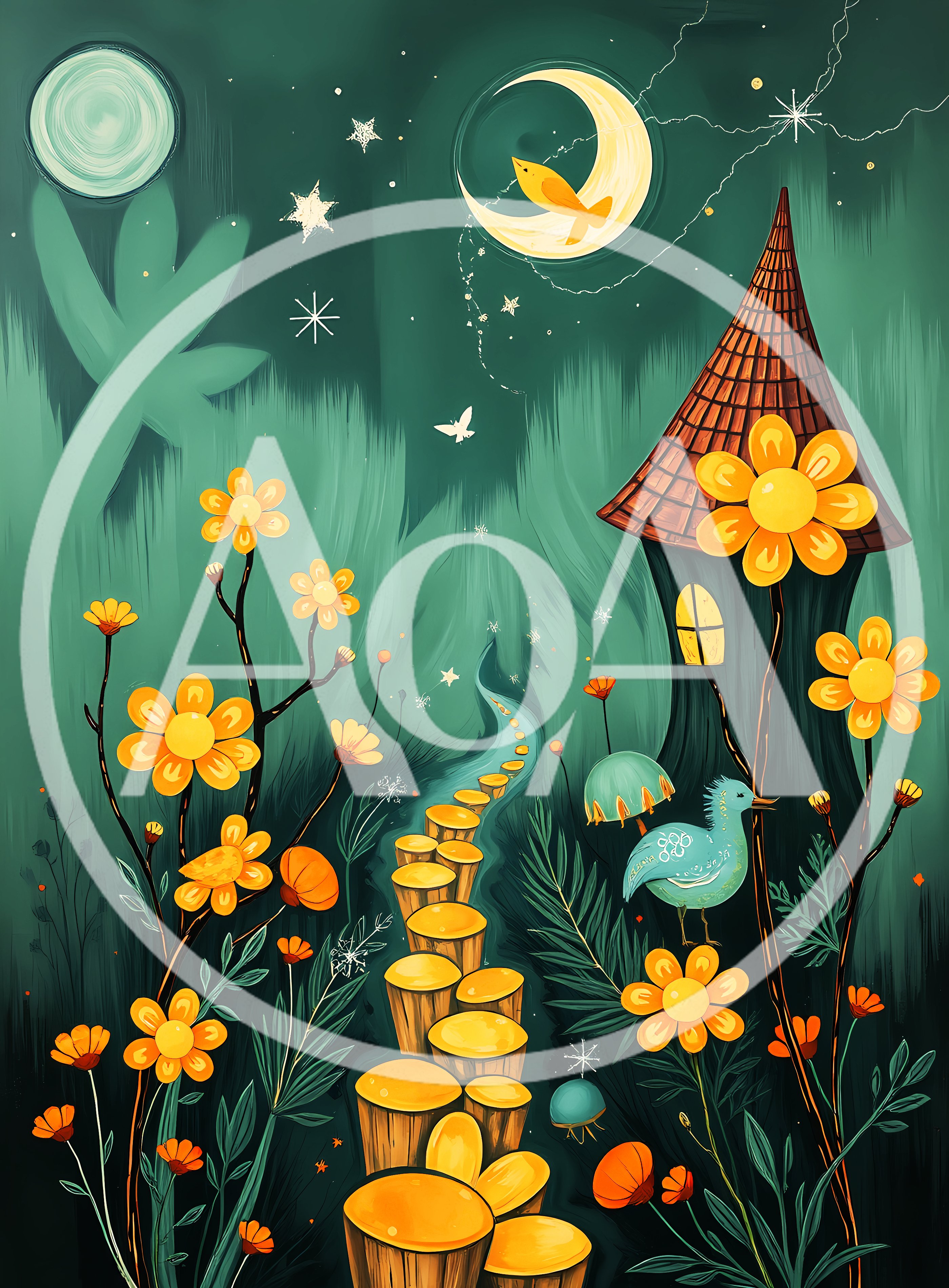 Whimsical Fantasy Forest Path With Flowers And Moon
