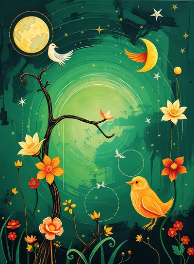 Whimsical Illustration Of Birds And Flowers In Moonlight